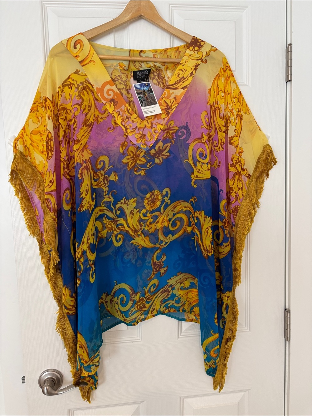 ADRIANA ROSILES Vibrant Baroque chiffon Caftan blouse Fringe blue purple OS NEW